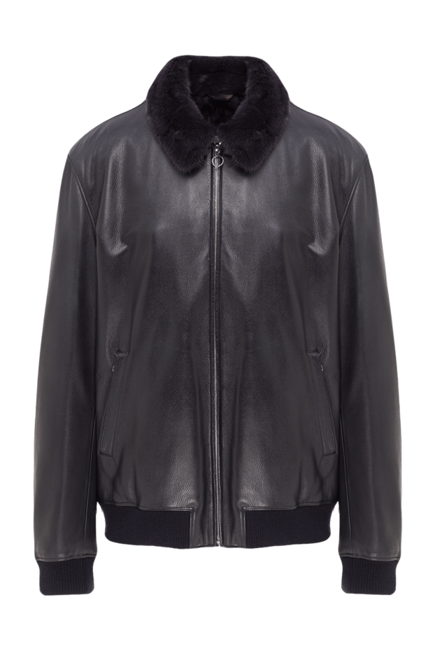 Куртка кожаная на меху с отложным воротником синяя мужская - фото 1