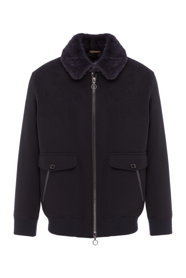 Куртка-бомбер синяя с отложным меховым воротником и кожаными вставками мужская - фото 1