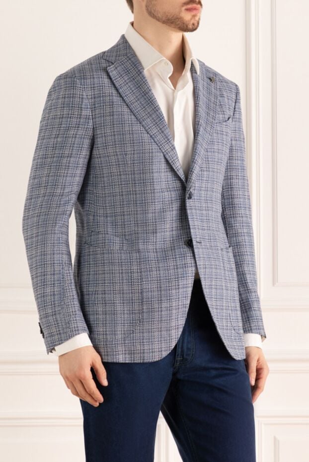 Lubiam jacket made of wool fabric with silk, light blue, two-button, checkered 162706 - photo 3