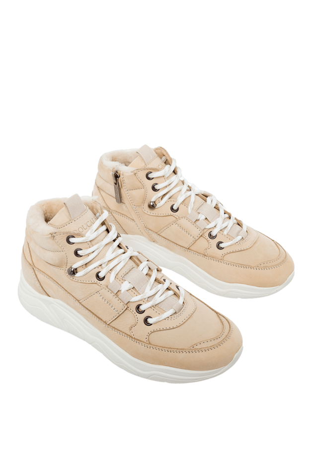 Doucal`s women's beige stitched sneakers with white laces and fur 163147 - photo 3