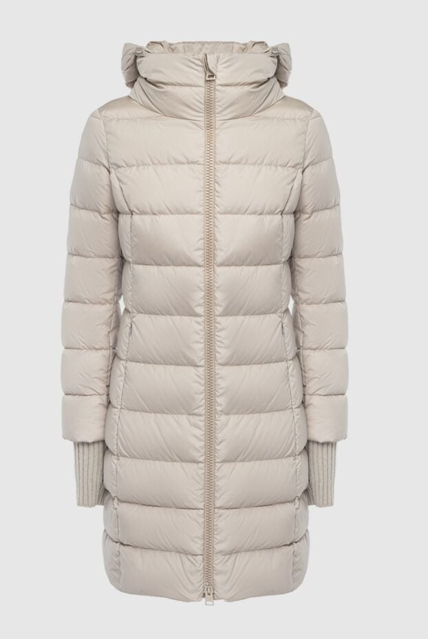 Beige elongated down jacket with a hood and glove-cuffs - photo 1