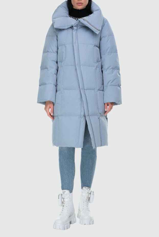 An elongated light blue down jacket with a voluminous collar and an asymmetrical fastening - photo 2