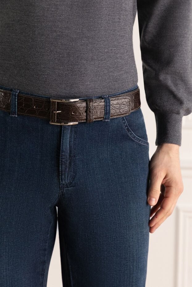 Tardini dark brown textured crocodile leather belt for men 163702 - photo 2