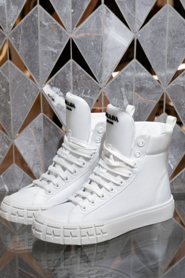Prada women's high leather sneakers with a pouch in white 163858 - photo 2