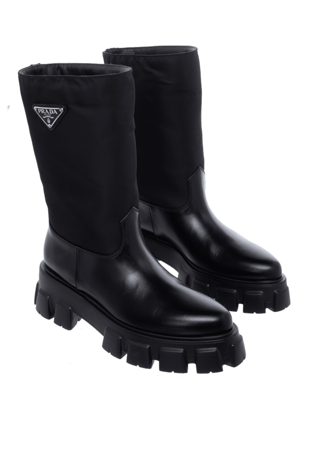 Prada women's leather boots with a tractor sole and a logo, black 163861 - photo 3