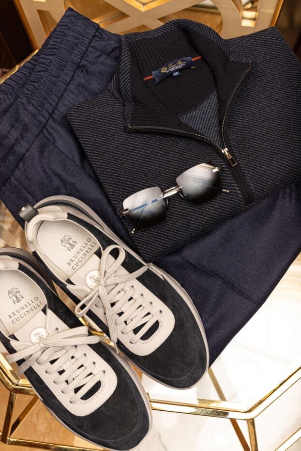 Brunello Cucinelli штани синього кольору з вовни з поясом на кулісці 164301 - фото 2