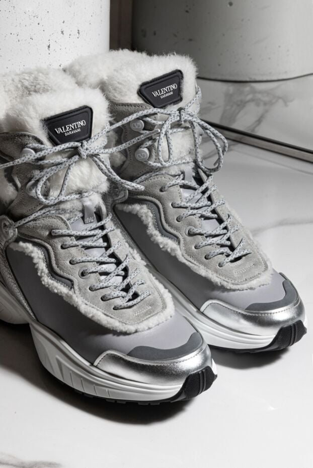 Women's gray sneakers-boots made of leather and fur - photo 2