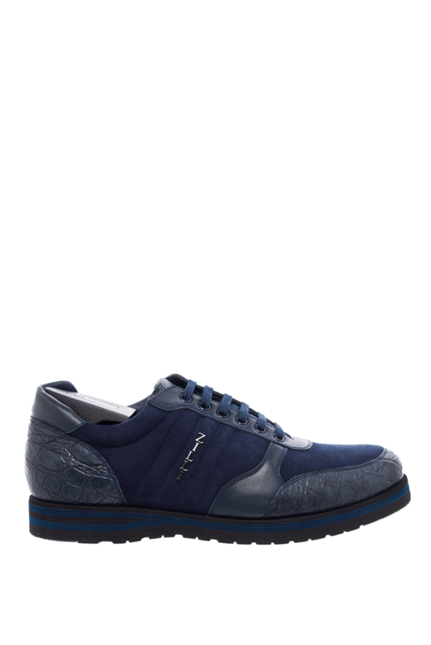 Zilli suede and crocodile leather sneakers in dark blue with logo 164686 - photo 1