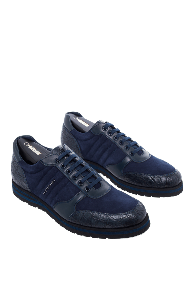 Zilli suede and crocodile leather sneakers in dark blue with logo 164686 - photo 3