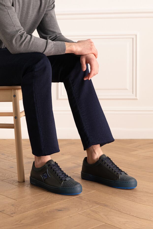 Zilli dark blue leather sneakers with embroidery and embossed toe 164699 - photo 3