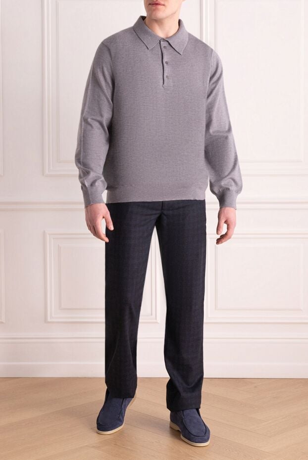 Dalmine men's long sleeve plain grey wool polo shirt with buttons 165197 - photo 2