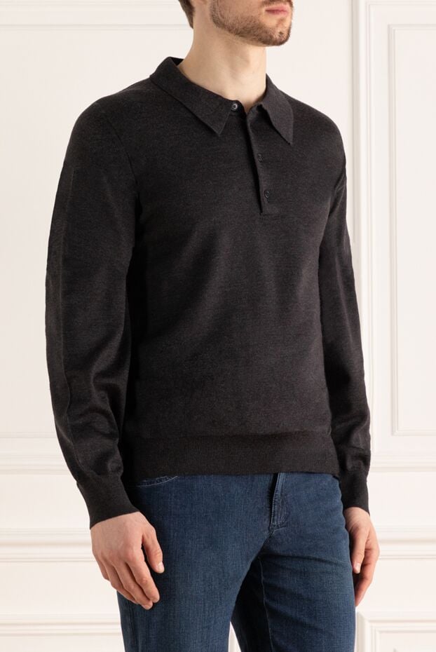 Dalmine men's long sleeve dark grey wool polo shirt with buttons 165211 - photo 3