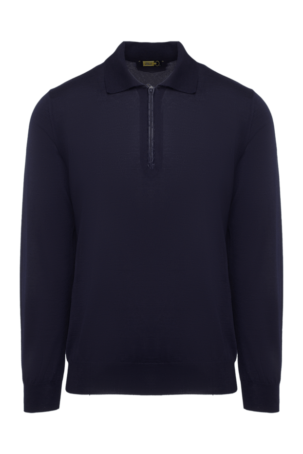 Zilli men's long sleeve blue polo shirt with crocodile leather inserts and zipper 165744 - photo 1