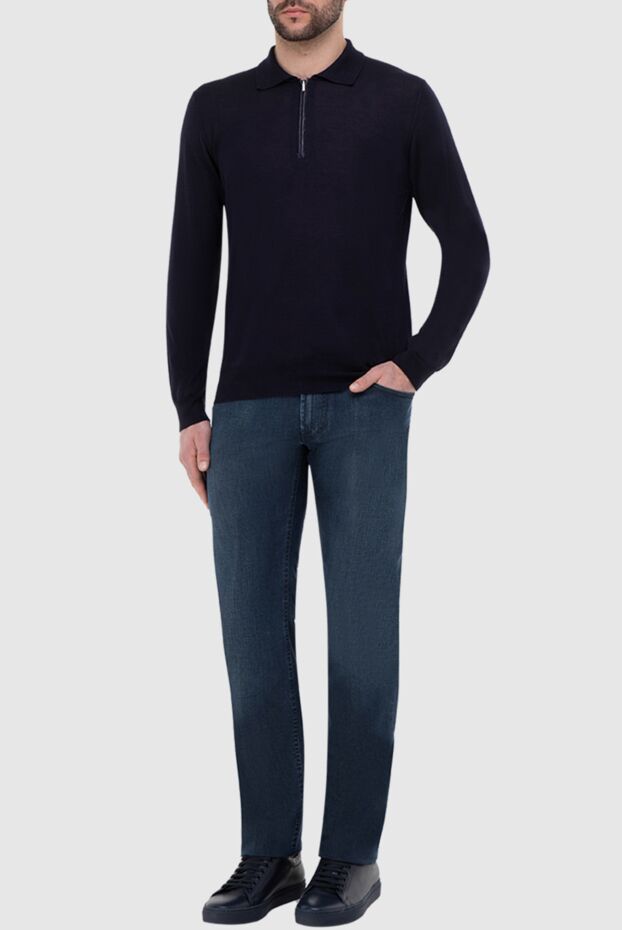 Zilli men's long sleeve blue polo shirt with crocodile leather inserts and zipper 165744 - photo 3