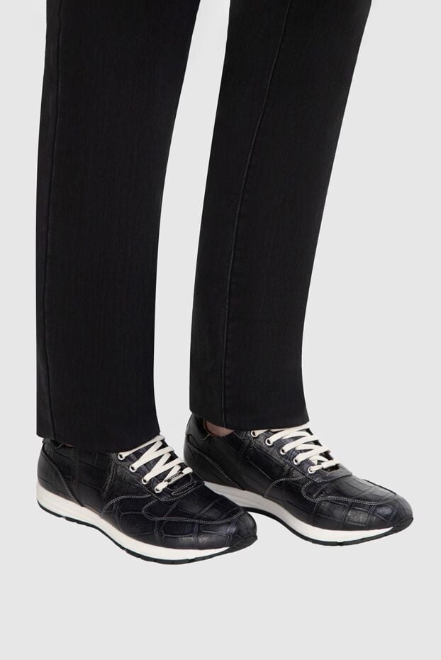 Tardini dark blue crocodile leather sneakers with white laces and a sporty sole 165998 - photo 2