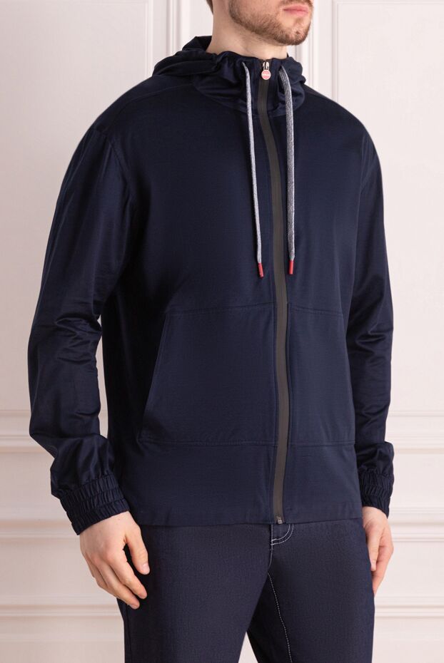 Kiton men's blue smooth cotton sweatshirt with a hood and zip fastening 166371 - photo 3