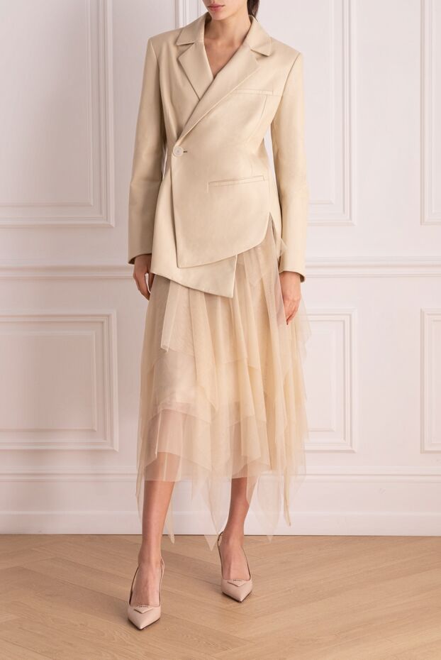 Women's beige leather jacket with asymmetrical fastening and long sleeves - photo 2