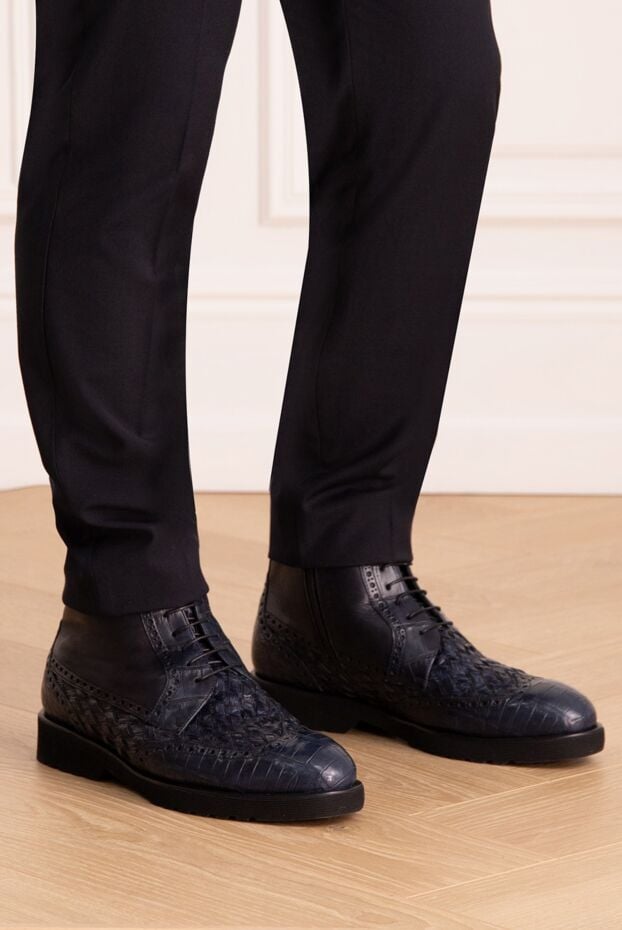 Tardini men's high derby shoes made of brogued alligator leather in blue 166658 - photo 2