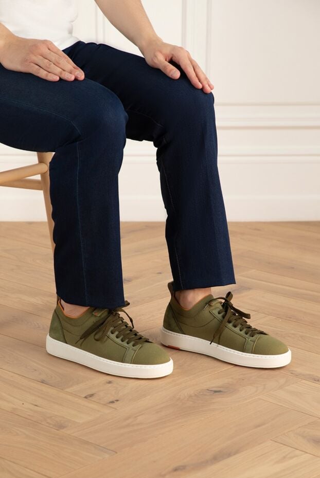 Santoni green leather and textile snickers for men 166687 - photo 2