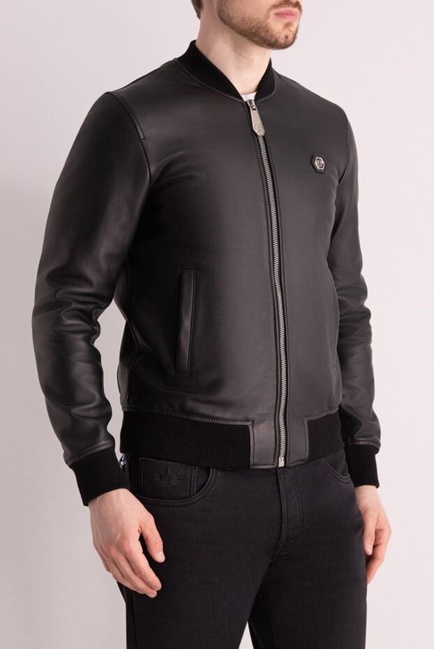 Philipp Plein bomber jacket in dark blue leather with elastic inserts along the edge 166840 - photo 3