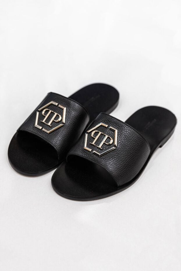 Philipp Plein black genuine leather slippers with voluminous monogram fittings 166847 - photo 2