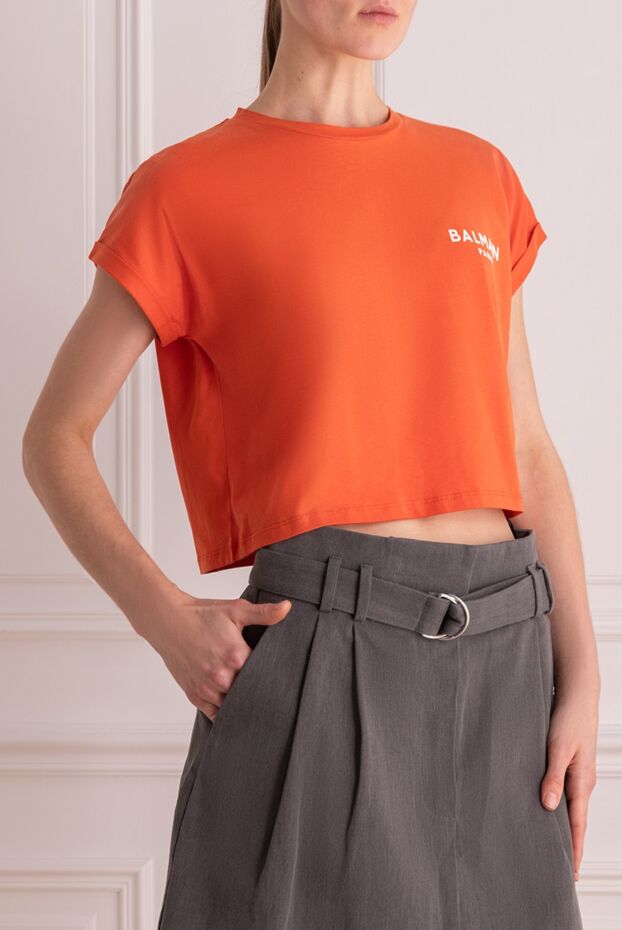 Balmain bright orange crop t-shirt with paris logo 167032 - photo 3