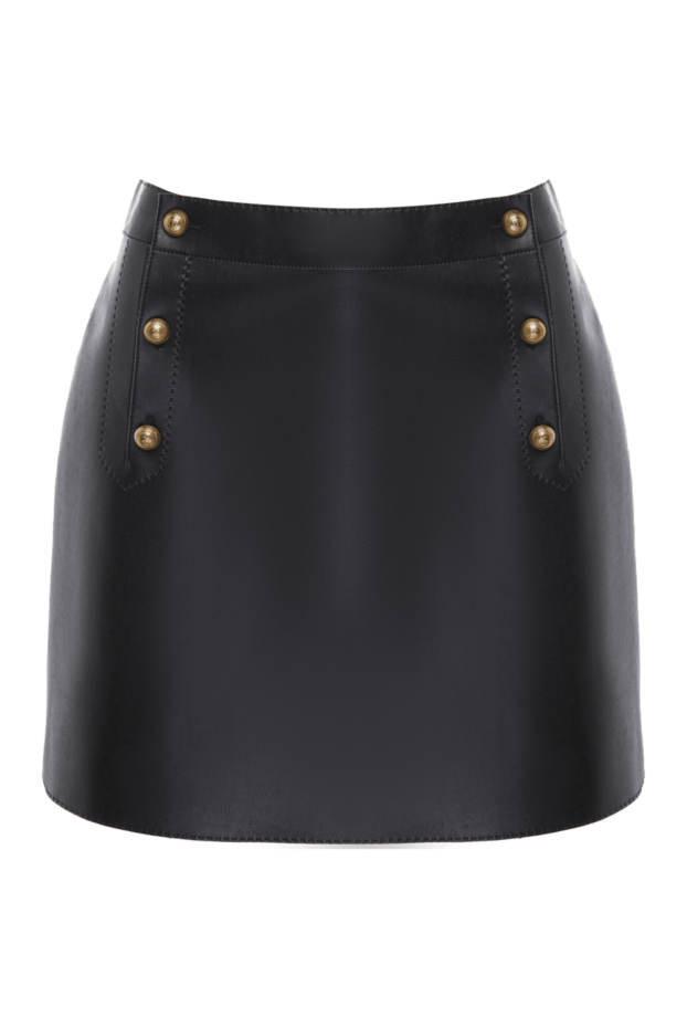 Smooth black leather mini skirt with decorative button trim - photo 1