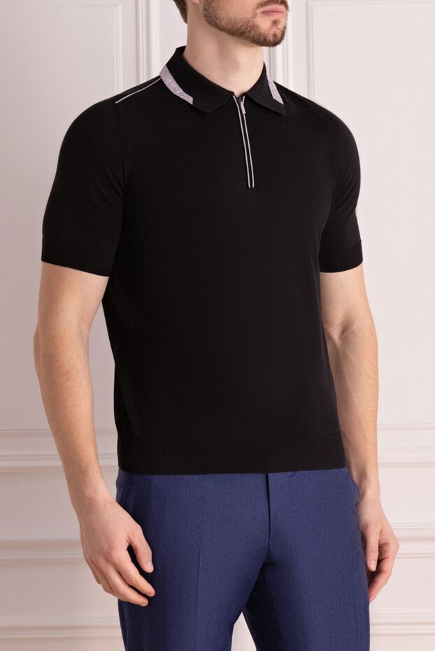 Zilli black polo shirt with contrast crocodile leather inserts for men 167469 - photo 3