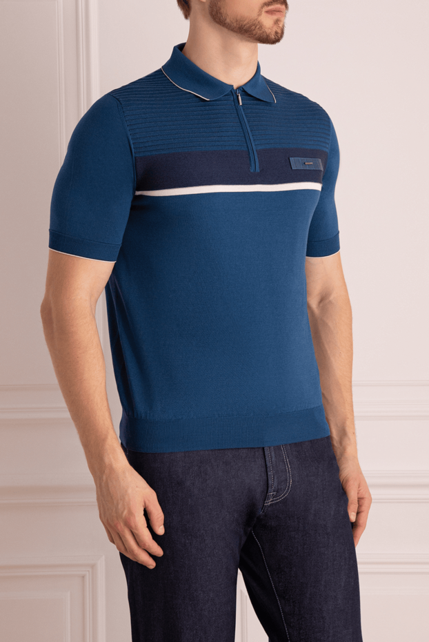 Zilli blue polo shirt with stripes and crocodile leather insert for men 167578 - photo 3