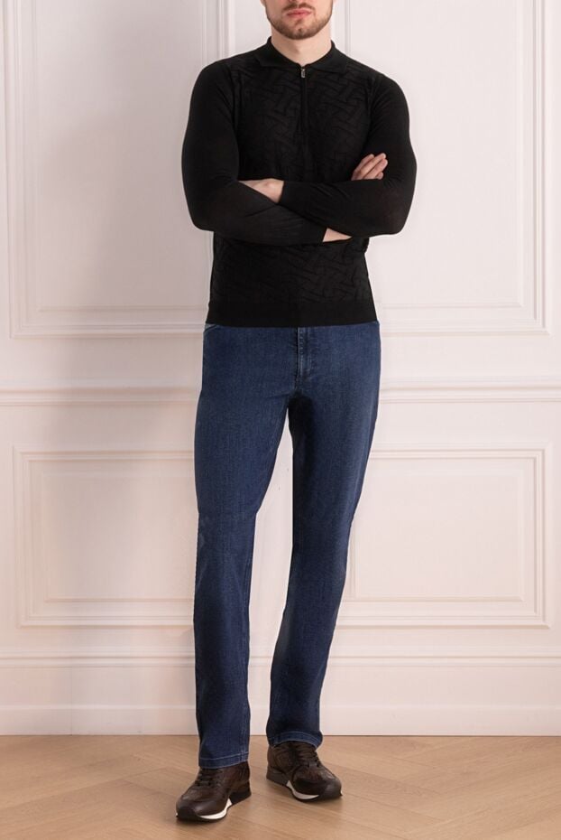 Zilli men's long sleeve black polo shirt with geometric textured knit pattern 167591 - photo 2