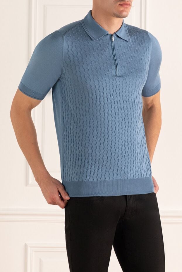 Zilli light blue embossed silk polo shirt with crocodile leather for men 167626 - photo 3
