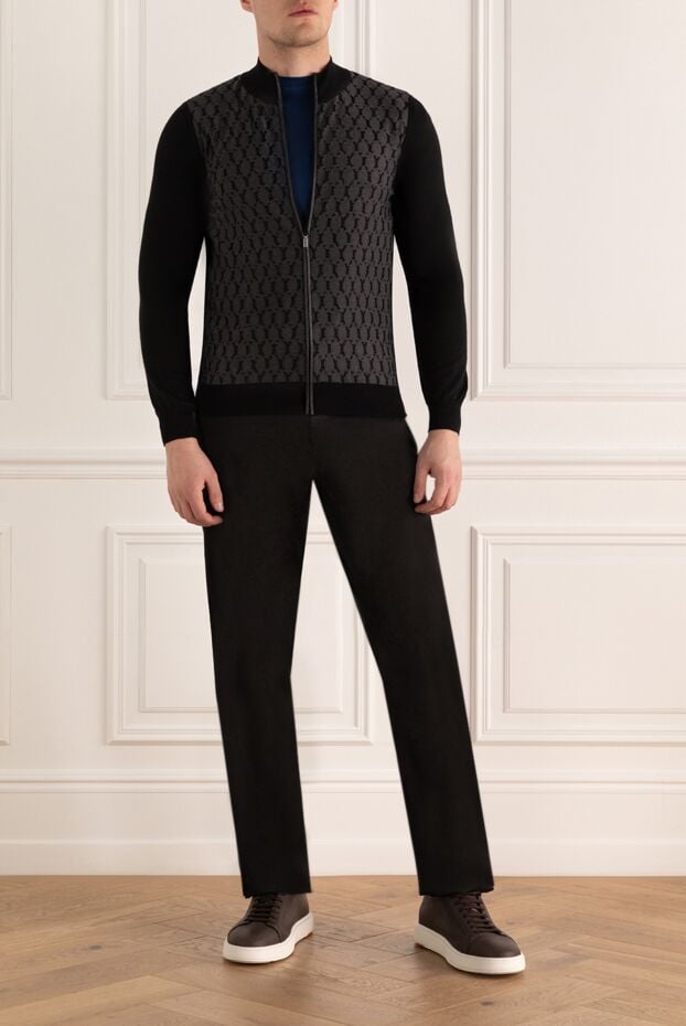 Men's Zip-up Cardigan with Patterned Insert in Cashmere and Silk - photo 2