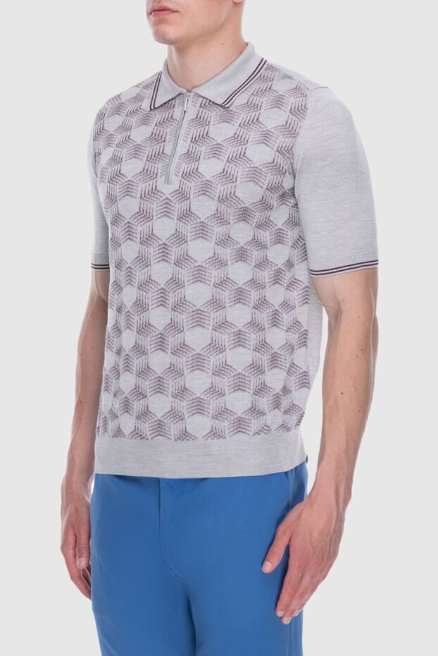 Cesare di Napoli grey silk polo shirt with a contrasting op-art pattern for men 168408 - photo 3