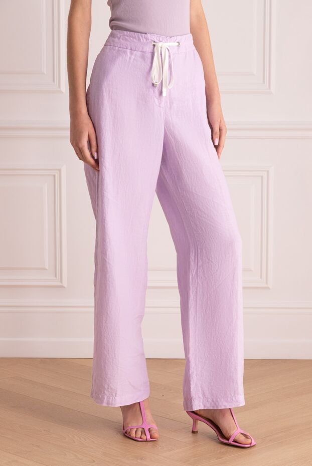 Peserico linen trousers with a loose silhouette and white tape on the waist, purple 168658 - photo 3