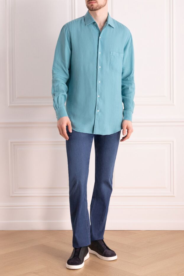 Loro Piana men's shirt, turquoise, plain, made of lightweight linen 168773 - photo 2