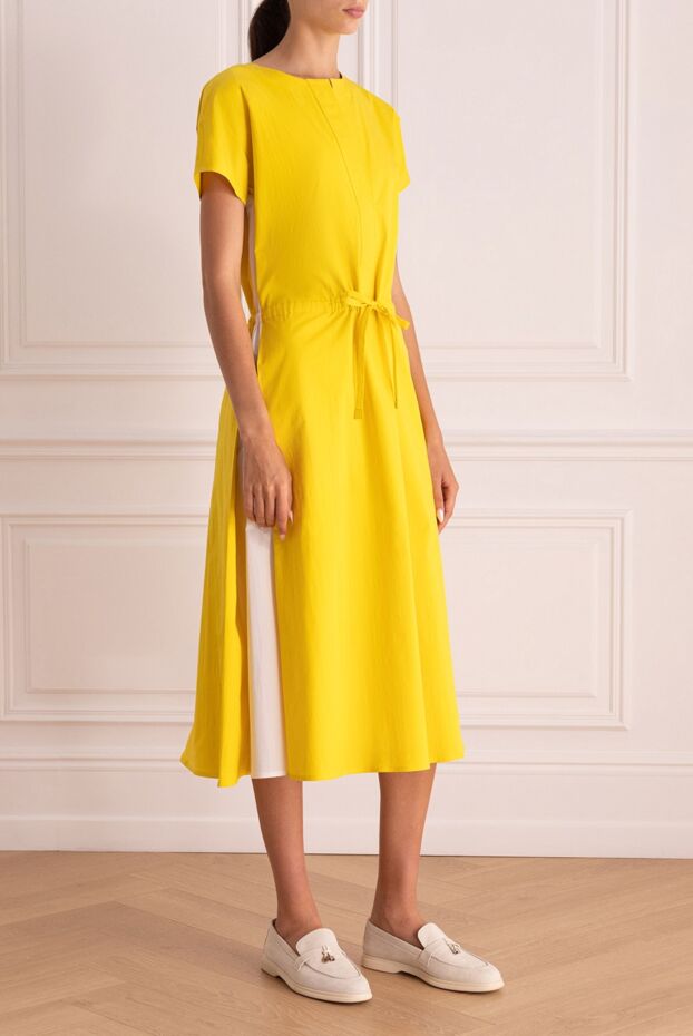 Loro Piana yellow cotton midi dress with white inserts and tie waist 168812 - photo 3