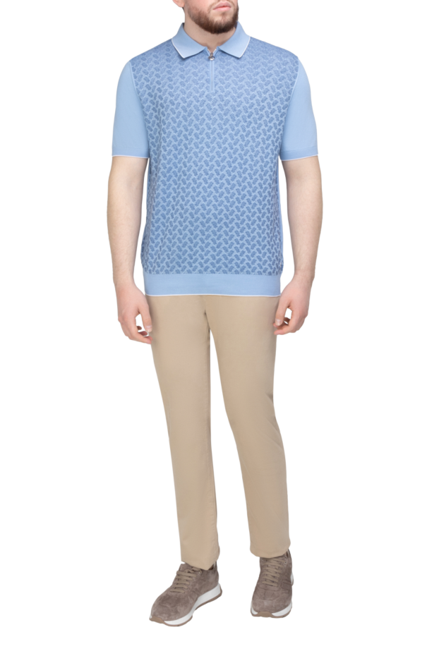 Light blue jersey polo shirt with a jacquard pattern and a contrasting turn-down collar - photo 2