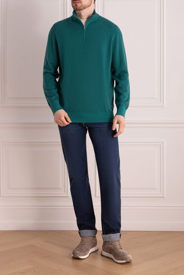 Loro Piana men's wool jumper with zip in green with diagonal texture 169701 - photo 2