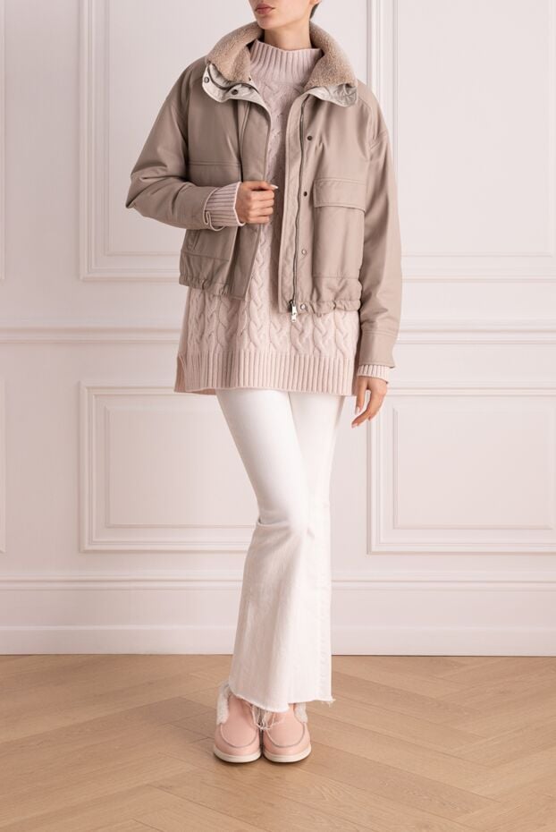 Women's beige fur-lined leather jacket - photo 2