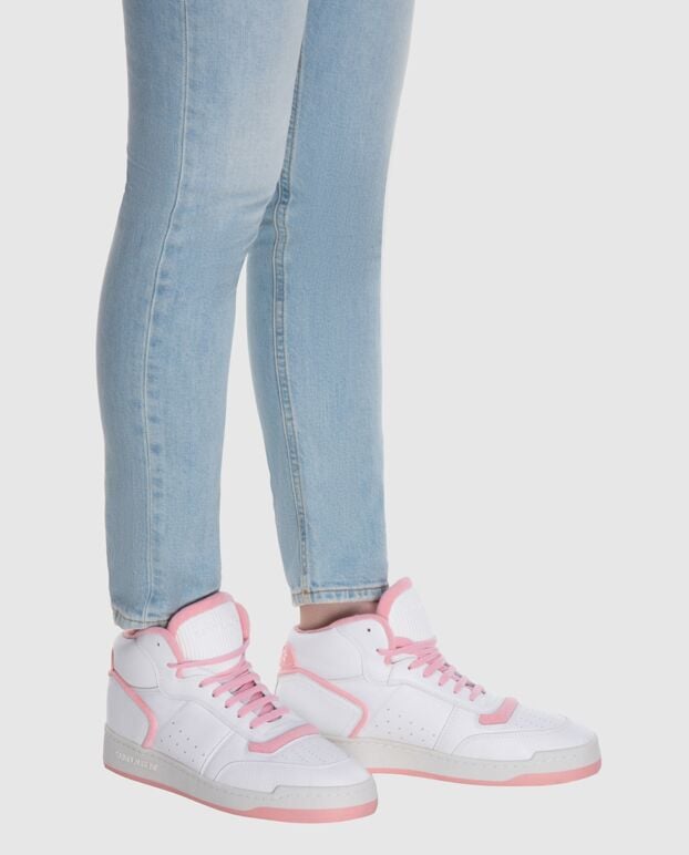 Saint Laurent women's high leather sneakers with pink laces in white 170774 - photo 2