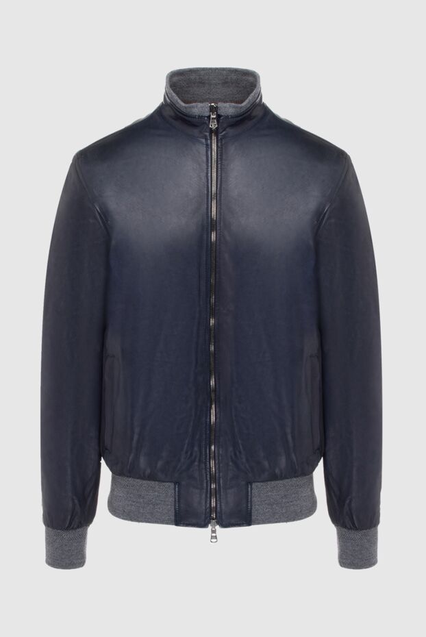 Mens dark blue leather jacket with contrast elastic inserts - photo 1