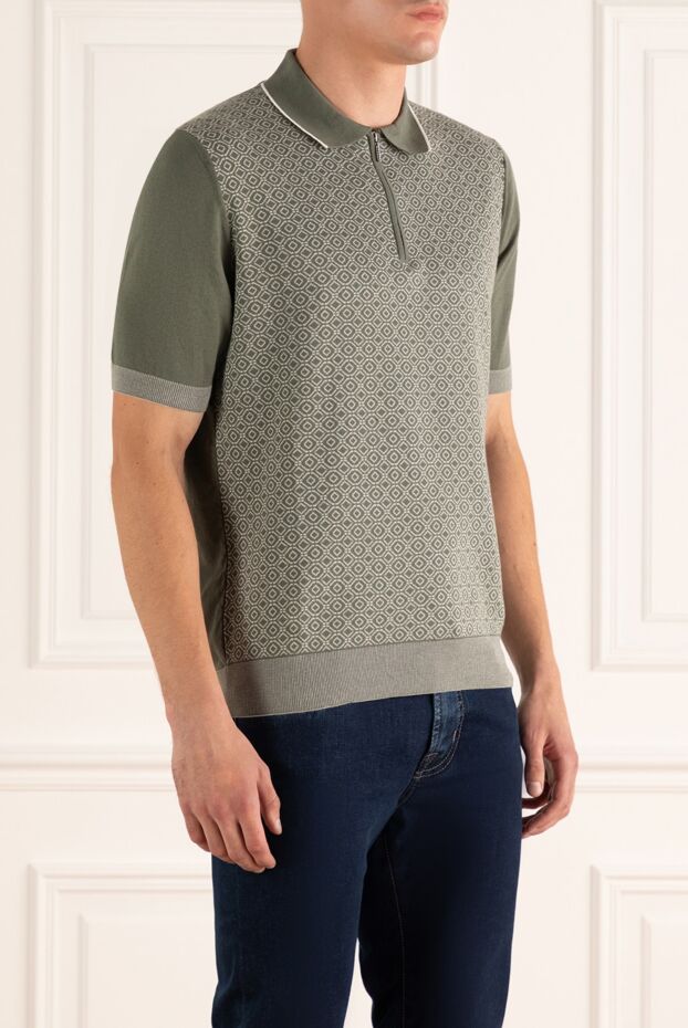Cesare di Napoli green silk polo shirt with a contrasting structured pattern for men 171061 - photo 3
