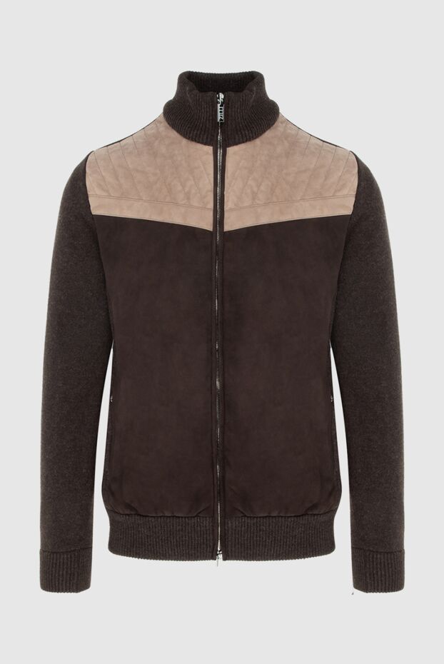 Cashmere cardigan with a zipper for men brown with beige inserts - photo 1