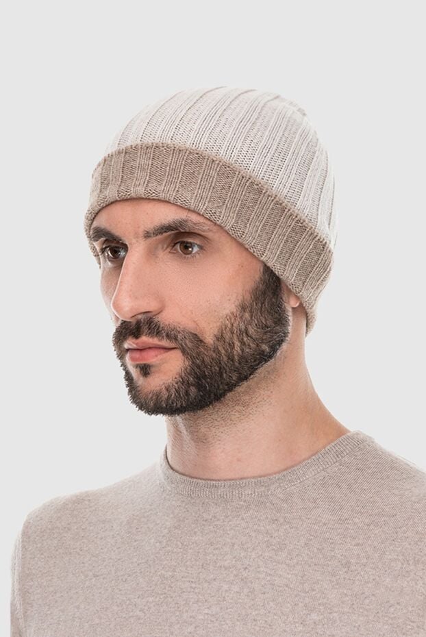 Gran Sasso beige ribbed knit cashmere beanie with a contrast turn-up for men 171288 - photo 3