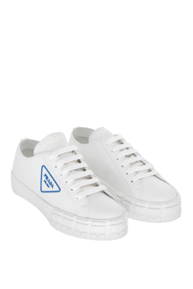 Prada women's leather sneakers with blue logo in white 171445 - photo 3