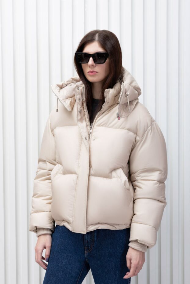 Short beige down jacket with hood and hidden zipper - photo 2