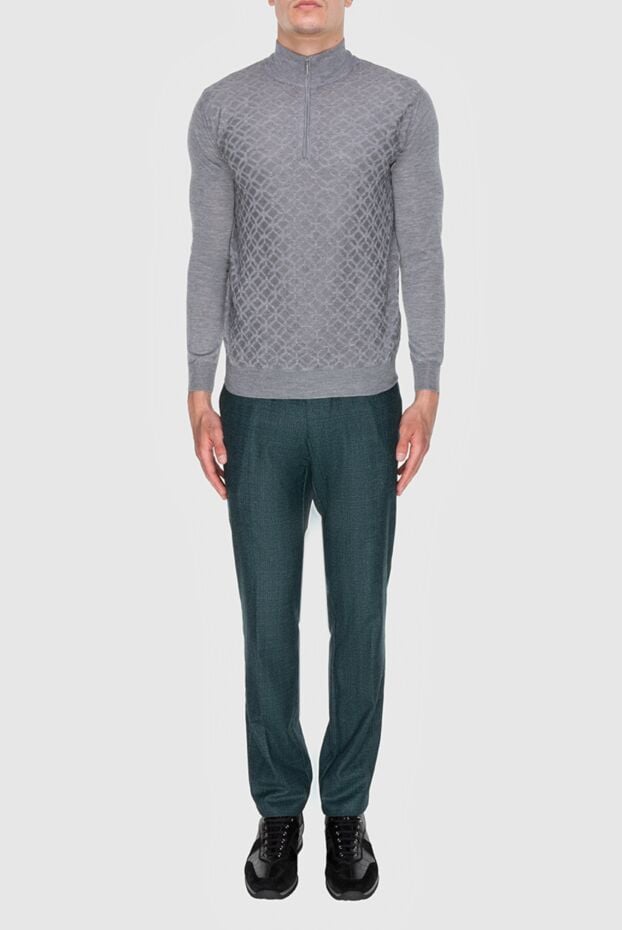 Men's green-gray trousers with a pattern and a drawstring belt - photo 2