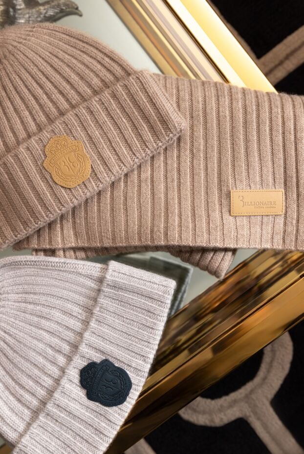 Billionaire light gray cashmere beanie with contrasting logo patch for men 171968 - photo 2