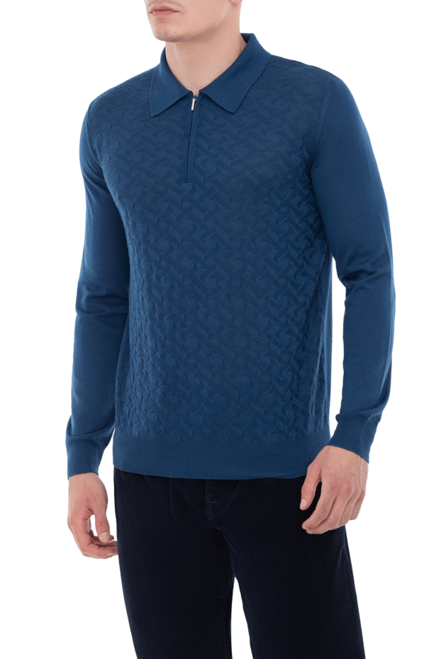 Cesare di Napoli men's long sleeve blue textured patterned polo shirt 172472 - photo 3