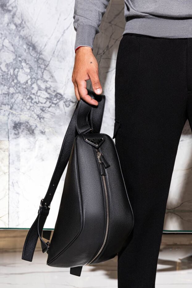 Prada black leather backpack with triangular shape and metal logo 172909 - photo 2